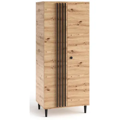 A tall, narrow cabinet with a wood grain finish and vertical black accents.