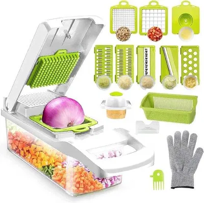 Produktbild von Famanu Gemüseschneider - Mit verschiedenen Klingen und Behälter - Mandoline - Zwiebelschneider