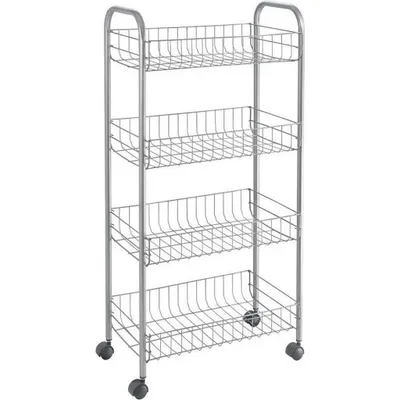 A silver metal storage trolley with four baskets and wheels, shown against a white background.