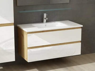 Produktbild von Badmöbel set Hochglanz 5 Tlg eiche / Weis Soft Close Badezimmer Möbel badmöbe