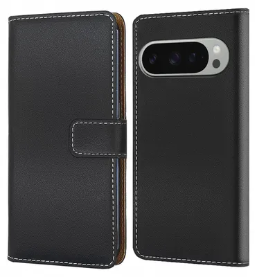 A black flip-style phone case for a Google Pixel 9 Pro, shown from the front and back.