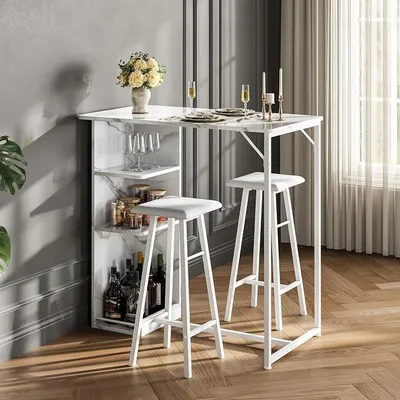 Produktbild von Bartisch Set, Tresentisch mit 2 PolyurethanBarhocker, Esstisch Stehtisch mit Weinglashalter & Ablage, Küchentisch im Industrie-Stil, Stehtisch für Bar, Bistro & Wohnzimmer,Marmor Weiß