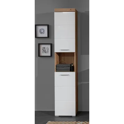 Produktbild von Badezimmer Hochschrank ALTENA-19 in Weiß Hochglanz mit Absetzung in Asteiche Nb., B/H/T: ca. 37/190/31 cm
