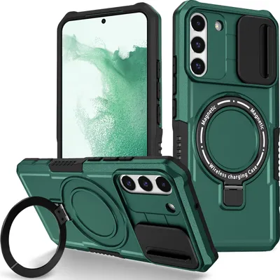 Produktbild von Handyhülle für Samsung Galaxy S22+ 5G Kompatibel mit MagSafe, Robuste Hülle mit Schiebe Kamera Schutz, Magnetischer Ringständer Dunkelgrün