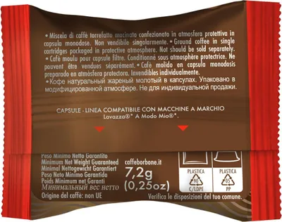 The back of a coffee capsule package with multilingual text and recycling symbols.