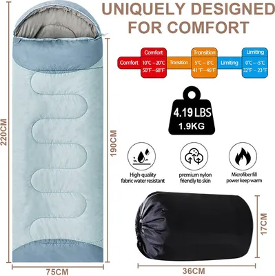 Image de （220*75cm，Bleu clair）Sac de couchage Equipement de camping Imperméable Sac de couchage couverture Amovible Lavable Respirant Doux pour le camping en plein air Randonnée Ouverture droite1.9kg