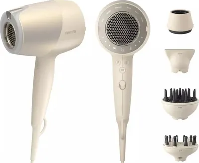A collection of images showing a Philips hair dryer and its attachments against a white background.