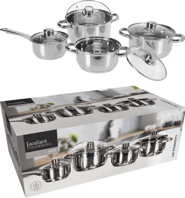 A set of stainless steel pots and pans with glass lids, displayed both individually and on their packaging.
