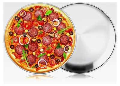 Produktbild von Pizzablech 2er Set, 30,5 cm Edelstahl, Rundes Backblech für Ofen und Servieren, ungiftig, langlebig und spülmaschinenfest