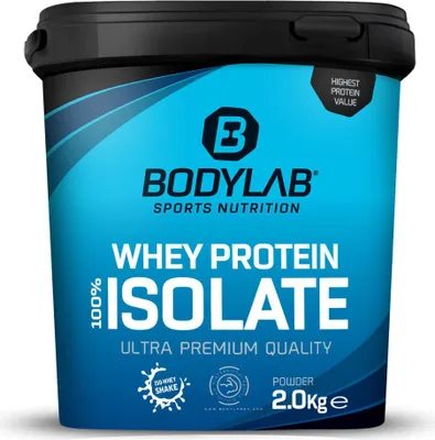 A product shot of a tub of BODYLAB Whey Protein Isolate.