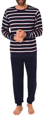 Produktbild von Eleganter Herren Frottee Pyjama Schlafanzug mit Bündchen - Streifenoptik - 291 101 13 787 ; navy , 58