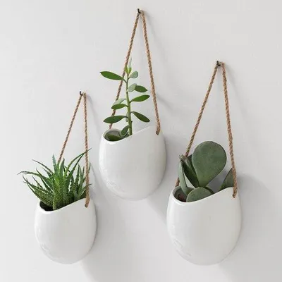Obrázek produktu pro Keramické závěsné květináče – sada 3 kusů – dekorace na zeď do interiéru, na balkon a do zahrady – bílá (lesklá)