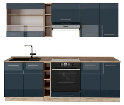 Produktbild von Küchenzeile Vicco Fame-Line Dunkelblau Hochglanz/Goldkraft Eiche 235 cm ohne Arbeitsplatte, Model 49738