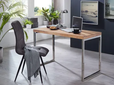 Produktbild von WOHNLING Schreibtisch GUNA Massivholz Akazie Computertisch 120 x 60 cm aus echtem Holz Laptoptisch im Landhaus-Stil Konsolen-Tisch mit Metallbeinen
