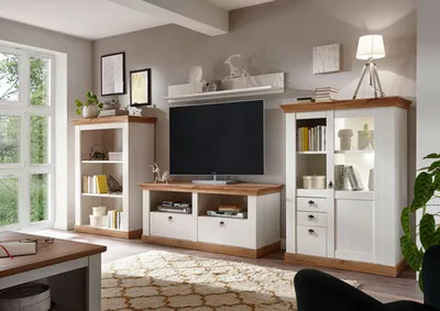 Produktbild von Landhaus Wohnwand 356cm pinie weiß / wotan eiche Anbauwand Highboard