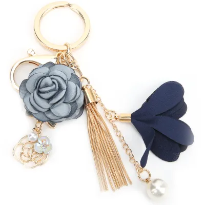 Image de Porte-clés, porte-clés à pompon en forme de fleur, pendentif pour sac à main, pendentif pour clé en alliage de zinc, porte-clés avec décoration en perles, porte-clés en forme de cadeau