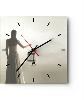 Produktbild von Wanduhr - Quadrat - Glasuhr - Frau Käfig Vogel - 40x40cm - Schleichendes Uhrwerk - Lautlos - zum Aufhängen bereit - Dekoration Modern - Wanddekoration aus Glas - C3AC40x40-4787