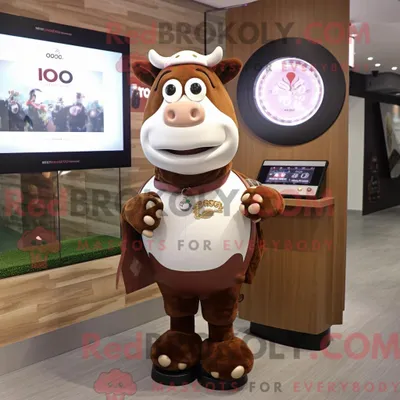 Produktbild von Maskottchen REDBROKOLY einer braunen Hereford-Kuh mit Poloshirt und Armbanduhr