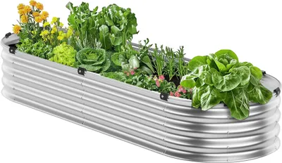 Obrázek produktu pro VEVOR vyvýšený kovový záhon, 1195x585x270mm, velký pozinkovaný truhlík pro venkovní použití, s otevřeným dnem, oválný záhon pro pěstování zeleniny, květin, bylinek a sukulentů, stříbrný