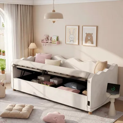 Image de Canapé-lit hydraulique Flieks 90 x 200 cm avec rangement, lit pour adolescent ou enfant avec ports USB et Type-C, lit de jour avec dossier, velours, beige