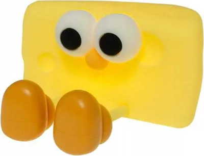 A cartoon-like cheese character with eyes and feet, shown against a white background.