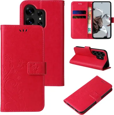 Produktbild von Handyhülle für Samsung Galaxy S26 Ultra Floral Blumen Schmetterling Flip Cover Hülle Case Klapphülle Handytasche Farbe: Rot