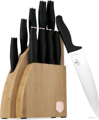 Produktbild von Berlinger Haus 10-teiliges Messerset mit Bambusrolle, Edelstahl, Ergonomischer Griff, Schwarz/Goldrosa, inkl. Kochmesser und Santoku