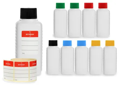 Produktbild von 10 x 100 ml HDPE-Kunststoffflaschen mit farbigen Schraubverschlüssen
