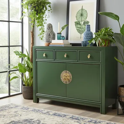 Productafbeelding van OPIUM OUTLET: Chinese commode, Aziatische buffetkast, oosterse kast, vintage Aziatische meubels, servieskast, bruidskist, compleet gemonteerd, groen