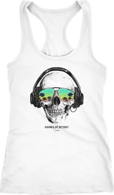 Produktbild von Damen Tank-Top Totenkopf Kopfhörer Musik Party Skull Sonnenbrille Schädel Sounds of Detroit Music Racerback Neverless® weiß XXL