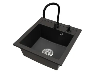 Produktbild von Granitspüle Schwarz mit Armatur FLEX Schwarz, Siphon in Chromfarbe und Seifenspender