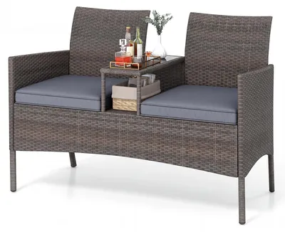 Produktbild von COSTWAY Gartenbank mit Tisch, 2-Sitzer Polyrattan Sitzbank, Sitzgruppe, Gartenmöbel, Terrassenmöbel, wetterfeste Balkonmöbel Grau