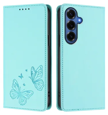 Image de Étui en cuir pour Samsung Galaxy S26+, motif papillon en relief, étui portefeuille à rabat avec support, vert menthe