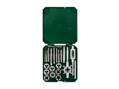 A set of taps and dies is neatly arranged in a green plastic case.