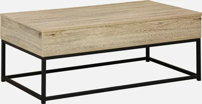 A coffee table with a wood-effect top and black metal legs, shown against a white background.