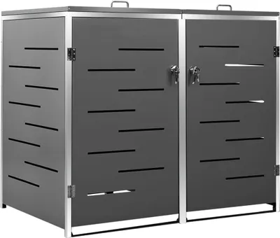 A grey metal bin enclosure with two doors, each with a horizontal slit pattern and a lock. The enclosure has a silver metal frame and handles on top.