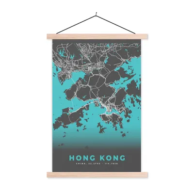 Produktbild von MuchoWow® Textilposter Hongkong - Stadtplan - Karte - Blau 120x180 cm mit holzfarbenen Rahmen - Textil-Plakat