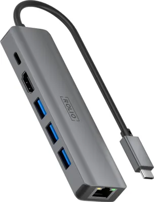 Produktbild von Rolio USB C Hub, 1Gbps Ethernet LAN, HDMI 4K, USB-C Anschluss, USB 3.0, Universal, für Macbook Pro / Air / iPad Pro / iPhone / Galaxy / HP / Dell / Lenovo