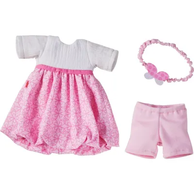 A doll's clothing set including a dress, shorts, and a headband, laid out against a white background.