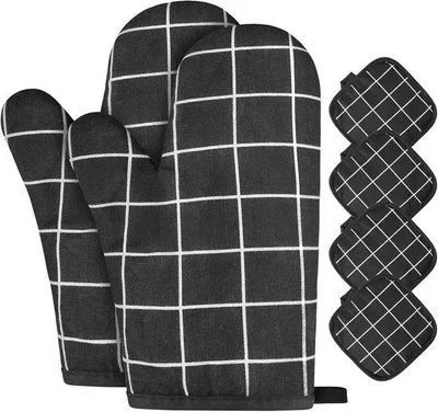 Immagine prodotto di Set di 6 guanti da forno Ibzenoa®: 3 guanti da forno e 3 presine realizzati in fibra di cotone di alta qualità, tessuto resistente, isolante dal calore e antiscivolo