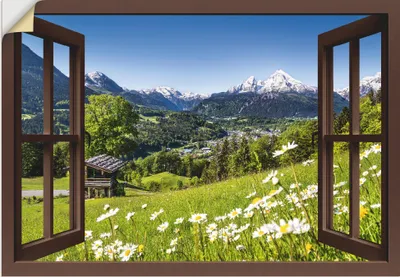 Produktbild von ARTland Wandbild, selbstklebend Bayerischen Alpen, braunes Fenster Größe: 100x70 cm