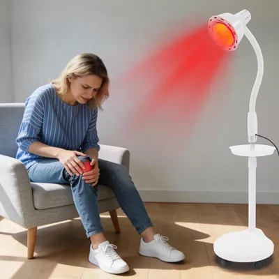 Produktbild von Infrarot Rotlichtlampe - Wärmetherapie-Lampe - 275 W - Höhenverstellbar 125–150 cm - Schmerzlinderung - Tragbar - Weiß