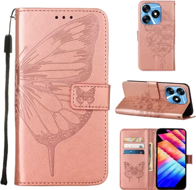 Produktbild von Lederhülle für Tecno Spark 10 4G Schmetterling Prägung Flip Ledertasche Kartenfächer Handyhülle mit Ständer Pink