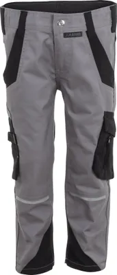 A pair of gray and black work pants for children.