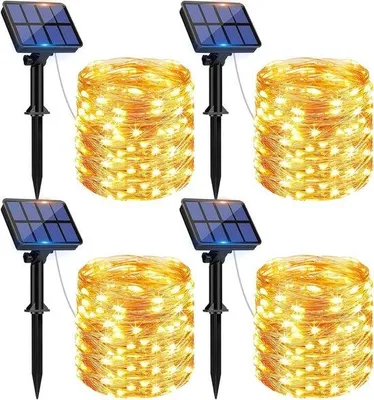 Produktbild von Solarbetriebener Außenleuchtring 12 m 120 LED Wasserfestes Kupferdraht Outdoor-Lichterkette Dekoration für Balkon und Weihnachten 8 Modi Warmweiß [4 Stück]