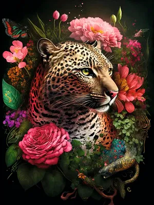 Produktbild von Glasbild Leopard With Flowers 60x80 cm