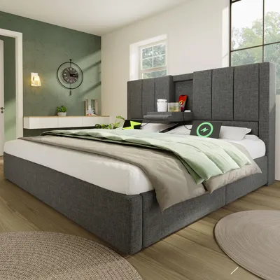 Imagen del producto de Cama tapizada Zerbaco, tamaño doble (160x200 cm), con espacio de almacenamiento debajo, sistema hidráulico, somier de láminas, color gris lino, sin colchón