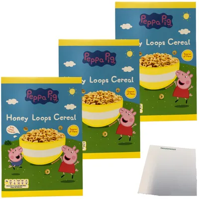 Produktbild von Peppa Pig Honey Loops Frühstückscerealien aus Vollkorngetreide mit Honig 3er Pack (3x375g Packung) + usy Block