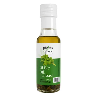 Physis of Crete Basilikum-Olivenöl Extra Native 100 ml Flasche auf weißem