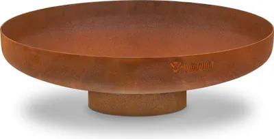 A rusty metal fire bowl on a stand, shown from a side angle against a white background.